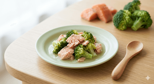 Steamed Salmon and Broccoli with Dashi