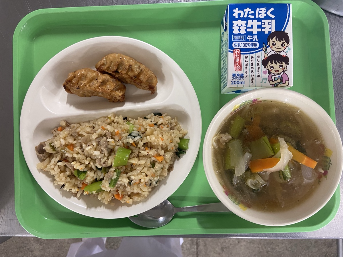 Japanese school lunch: fried rice, pan-fried gyoza, Chinese soup, and milk