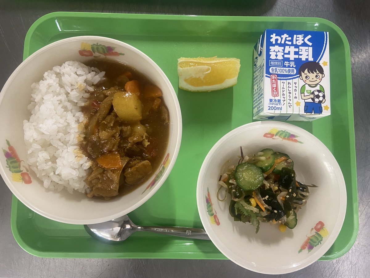 Japanese school lunch: chicken curry, seaweed salad, kawachi bankan citrus, and milk