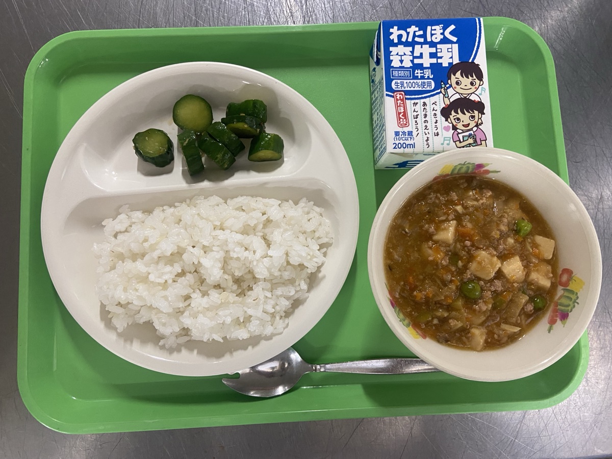 Japanese school lunch: mapo tofu, Chinese cucumber salad, rice, and milk
